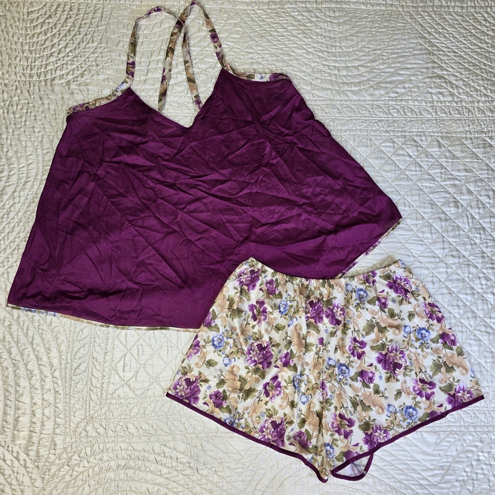 Vintage Petra Fashions Satin Cami Short Set Large Purple 80s Festival Floral 90